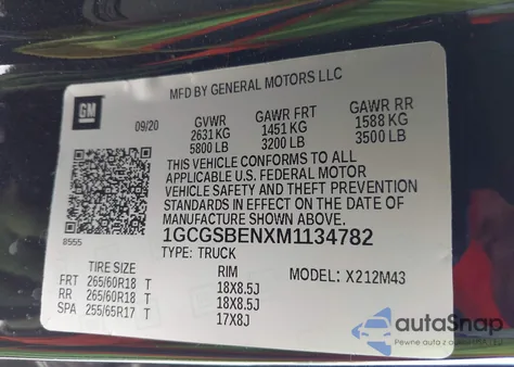 2021 Chevrolet Colorado 2Wd Short Box Wt z USA, uszkodzony, nr VIN 1GCGSBENXM1134782